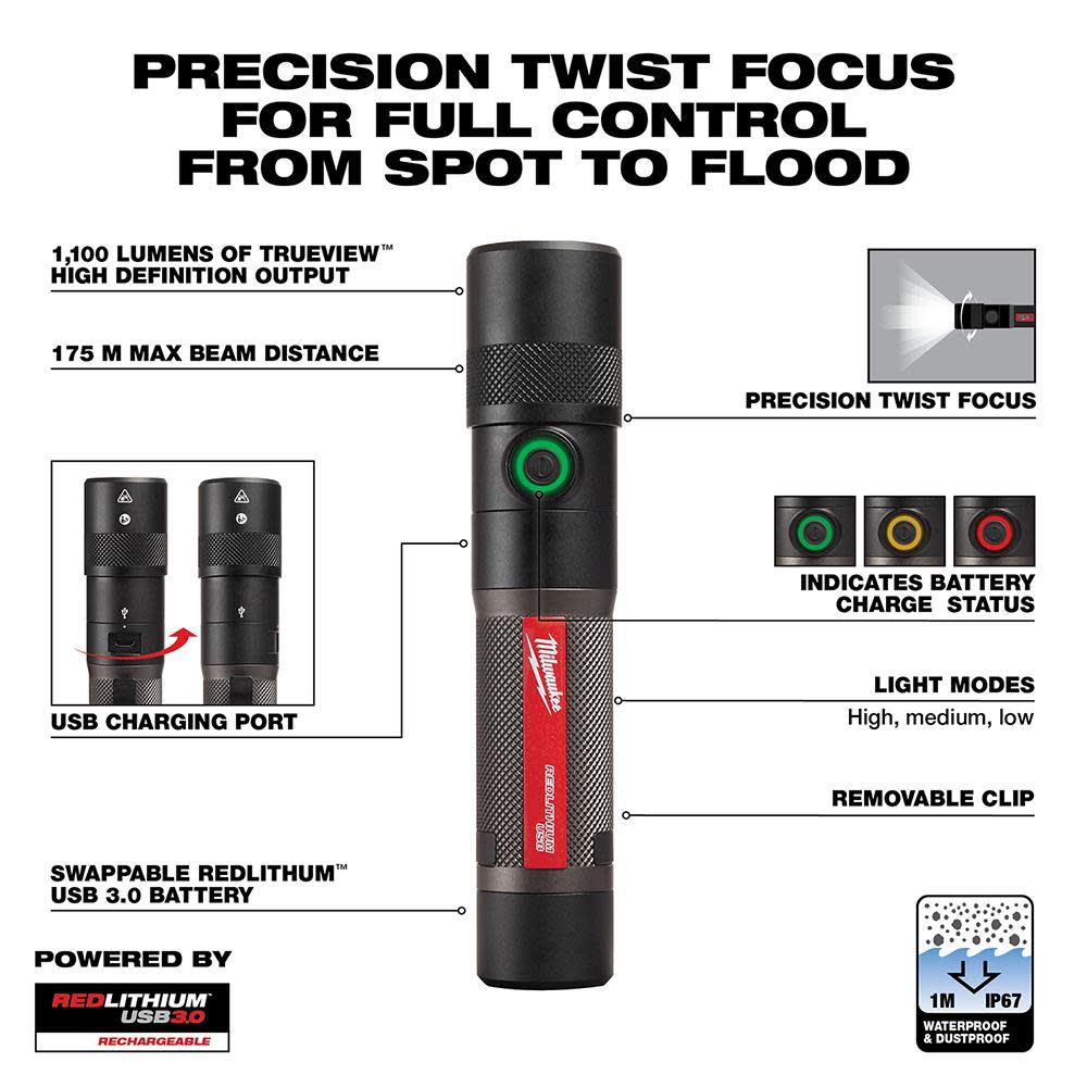 Milwaukee USB Rechargeable 1100L Twist Focus Flashlight - Ascmtools
