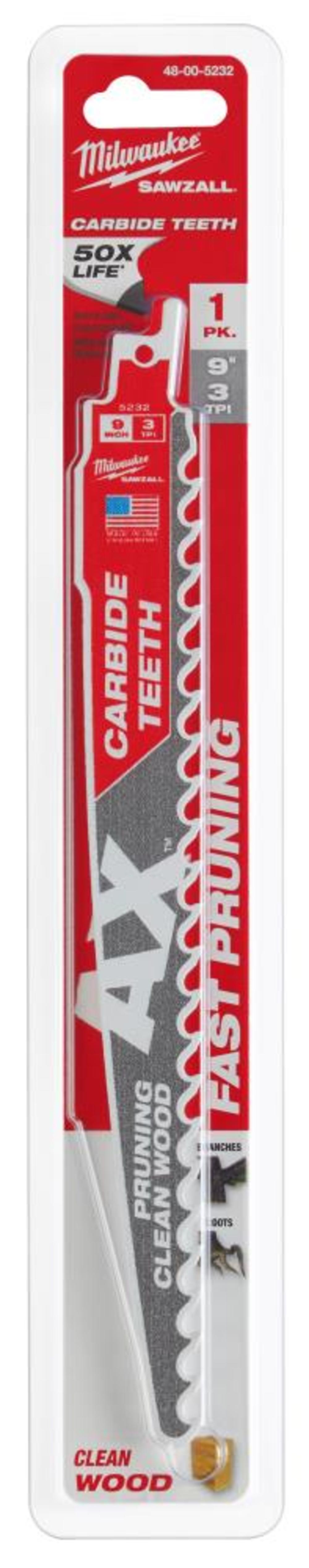 Milwaukee 9″ 3 TPI The AX with Carbide Teeth for Pruning & Clean Wood SAWZALL Blade 1PK - Ascmtools