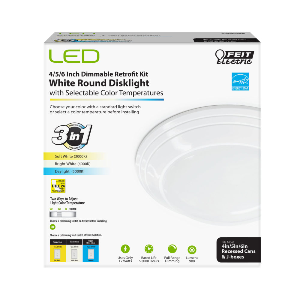 Feit Electric 12W 4/5/6″ 900 Lumen Round LED Ceiling Disklight - Ascmtools