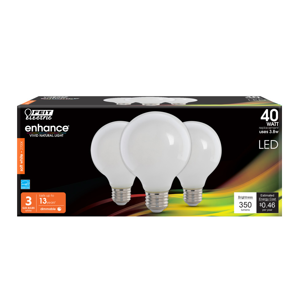 Feit Electric 40W G25 2700K Soft White Filament LED Bulb 3pk - Ascmtools