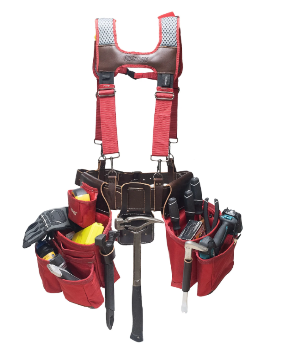 Bucket Boss Leather Hybrid Toolbelt with Suspenders Red - Ascmtools