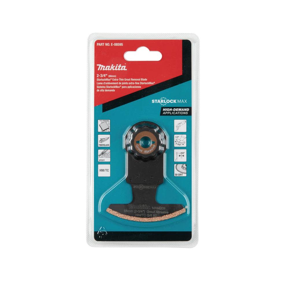 Makita StarlockMax Oscillating Multi Tool 2 3/4″ Hard Metal with Tungsten Carbide 50 Grit Grout and Abrasive Segmented Saw Blade - Ascmtools