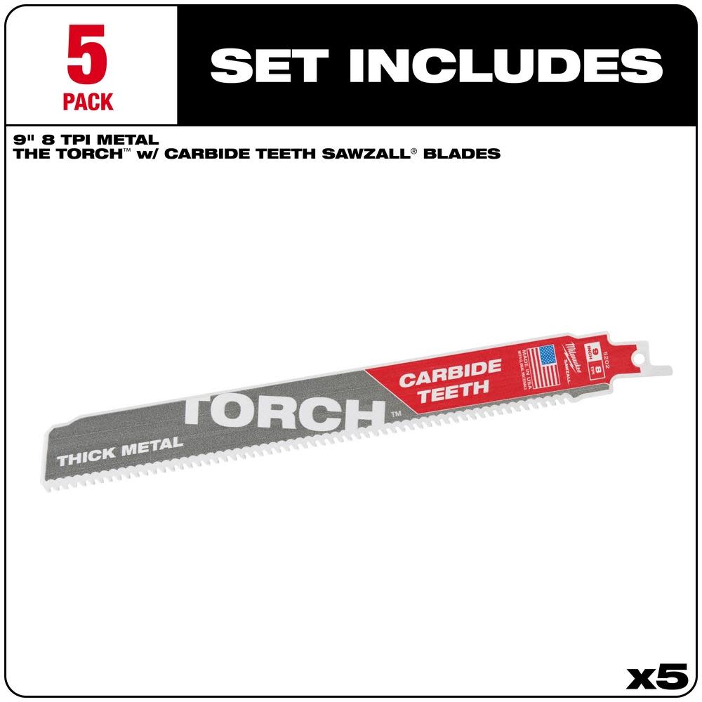 Milwaukee 9 in. 5 TPI THE TORCH Carbide Teeth Metal Cutting SAWZALL Reciprocating Saw Blade - Ascmtools