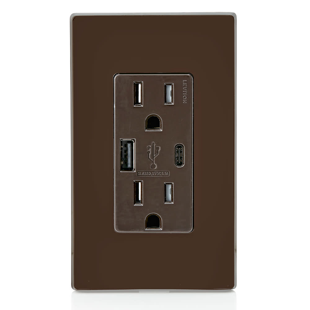 Leviton Outlet with USB Type A/C Charger 15A 125V 5-15R Brown - Ascmtools