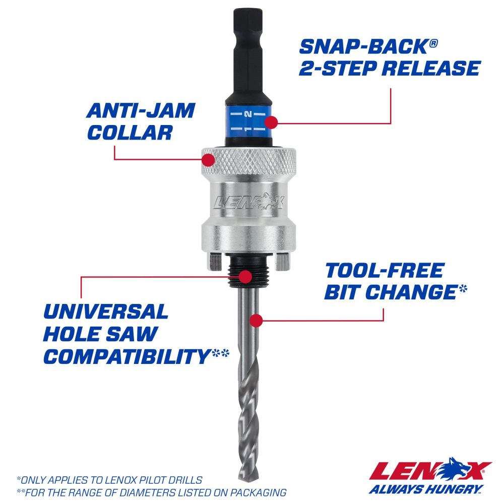 Lenox SNAP-BACK Quick Change Hole Saw Arbor 9/16 – 1 3/16″ 3/8 S - Ascmtools