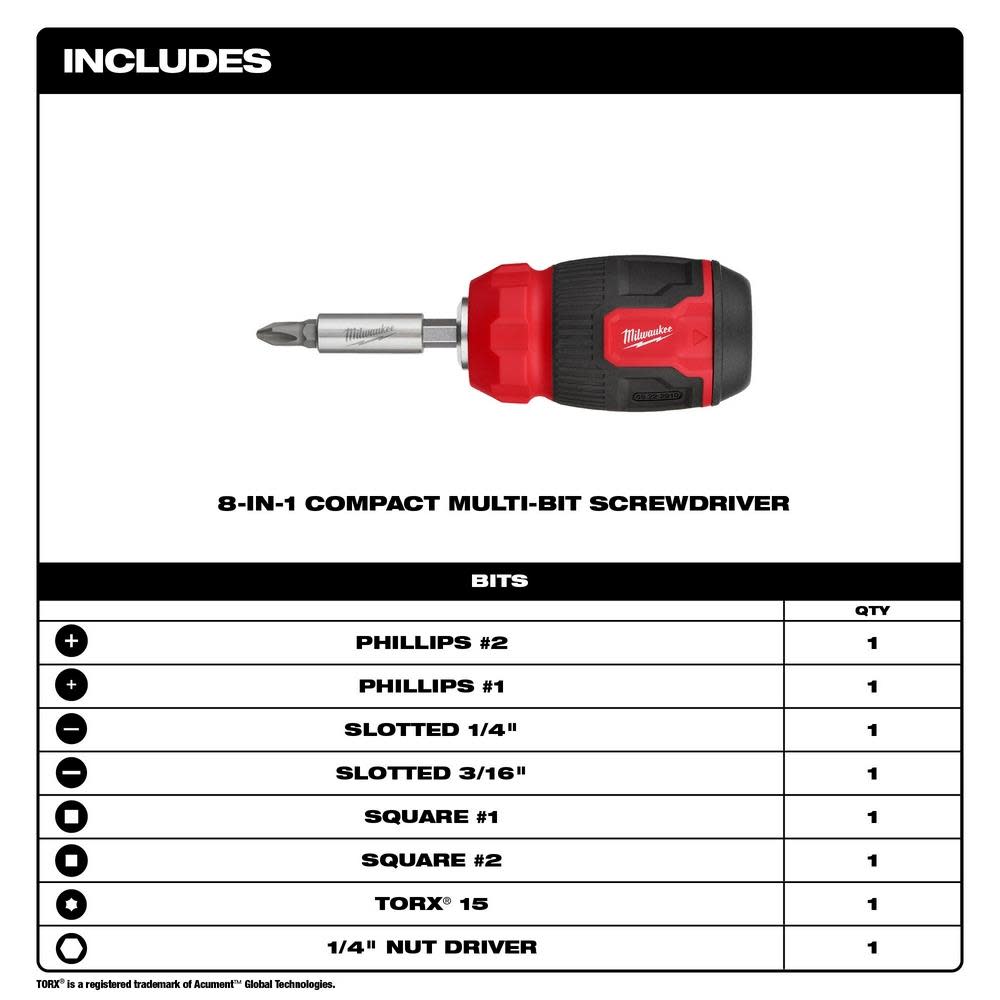 Milwaukee 8-in-1 Compact Multi-Bit Screwdriver - Ascmtools