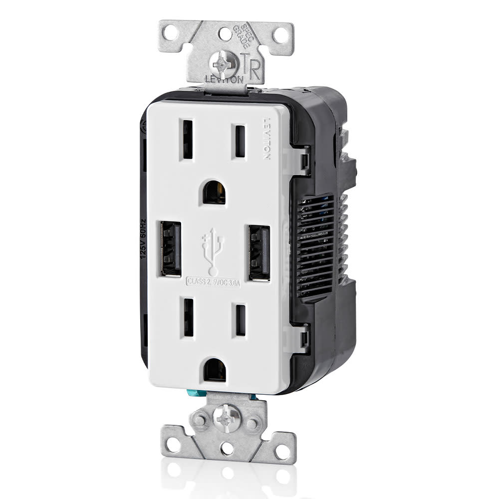 Leviton Receptacle/Outlet & 3.6A USB Charger 15A 125V White - Ascmtools