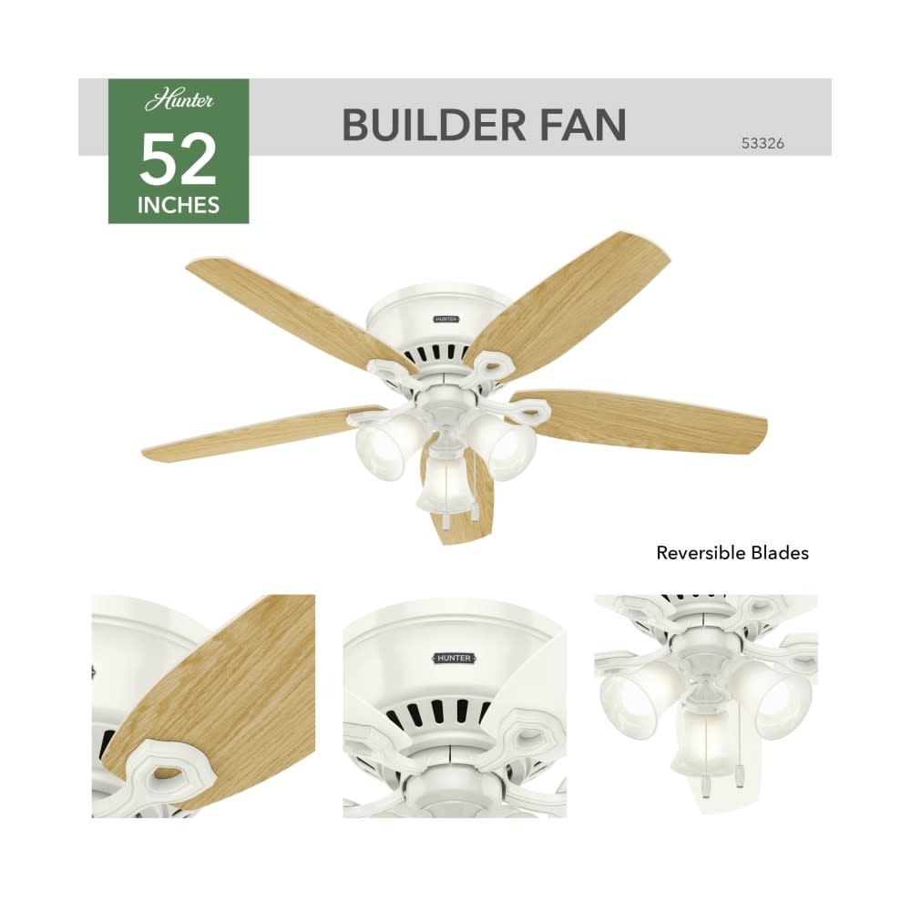 Hunter Fan Builder Ceiling Fan 52″ LED Indoor Snow White/Light Oak - Ascmtools