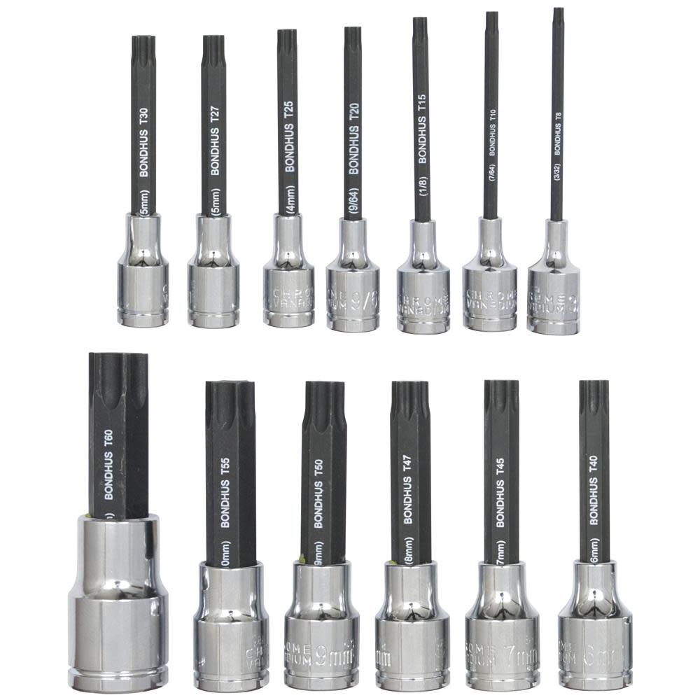 Bondhus Set 13 Pro Hold Star Bits 2 In. (T8-T60) with Sockets in Clamshell - Ascmtools
