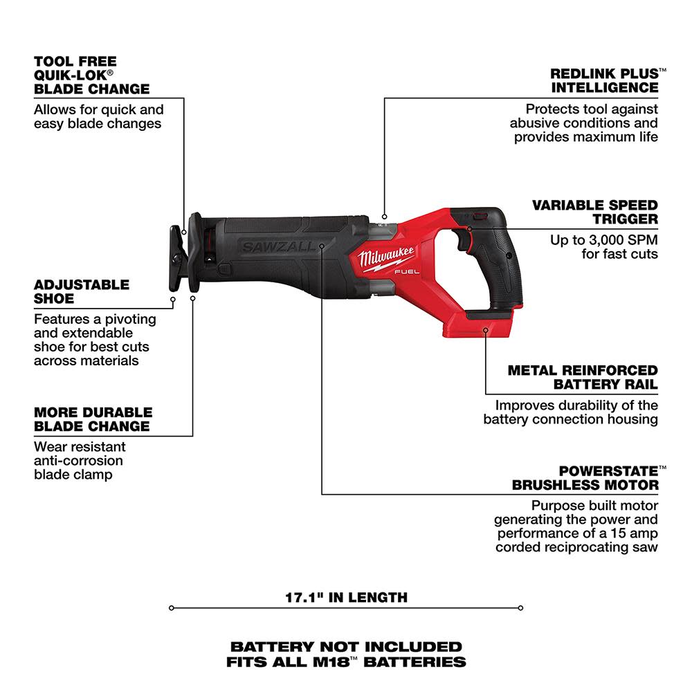 Milwaukee M18 FUEL SAWZALL Reciprocating Saw Bare Tool - Ascmtools