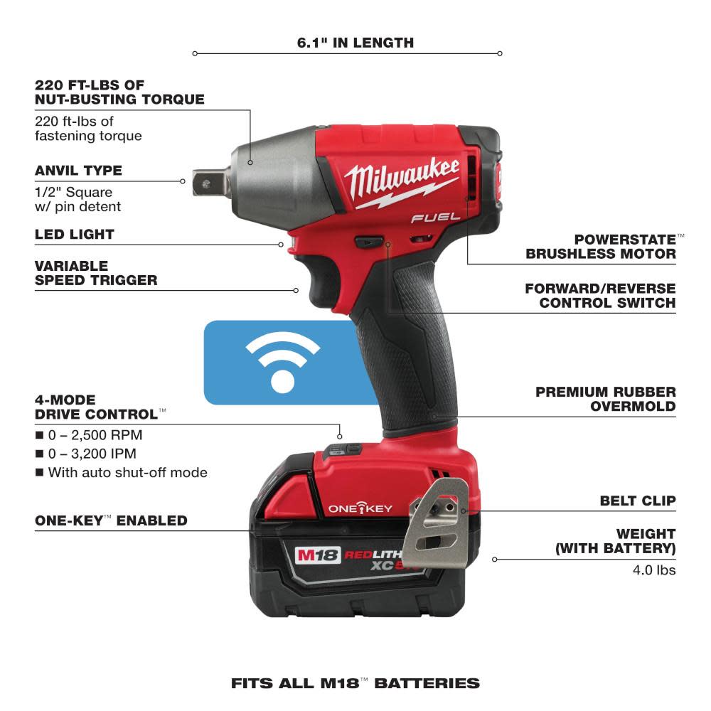 Milwaukee M18 FUEL 1/2 in. Compact Impact Wrench with Pin Detent with ONE-KEY Kit - Ascmtools