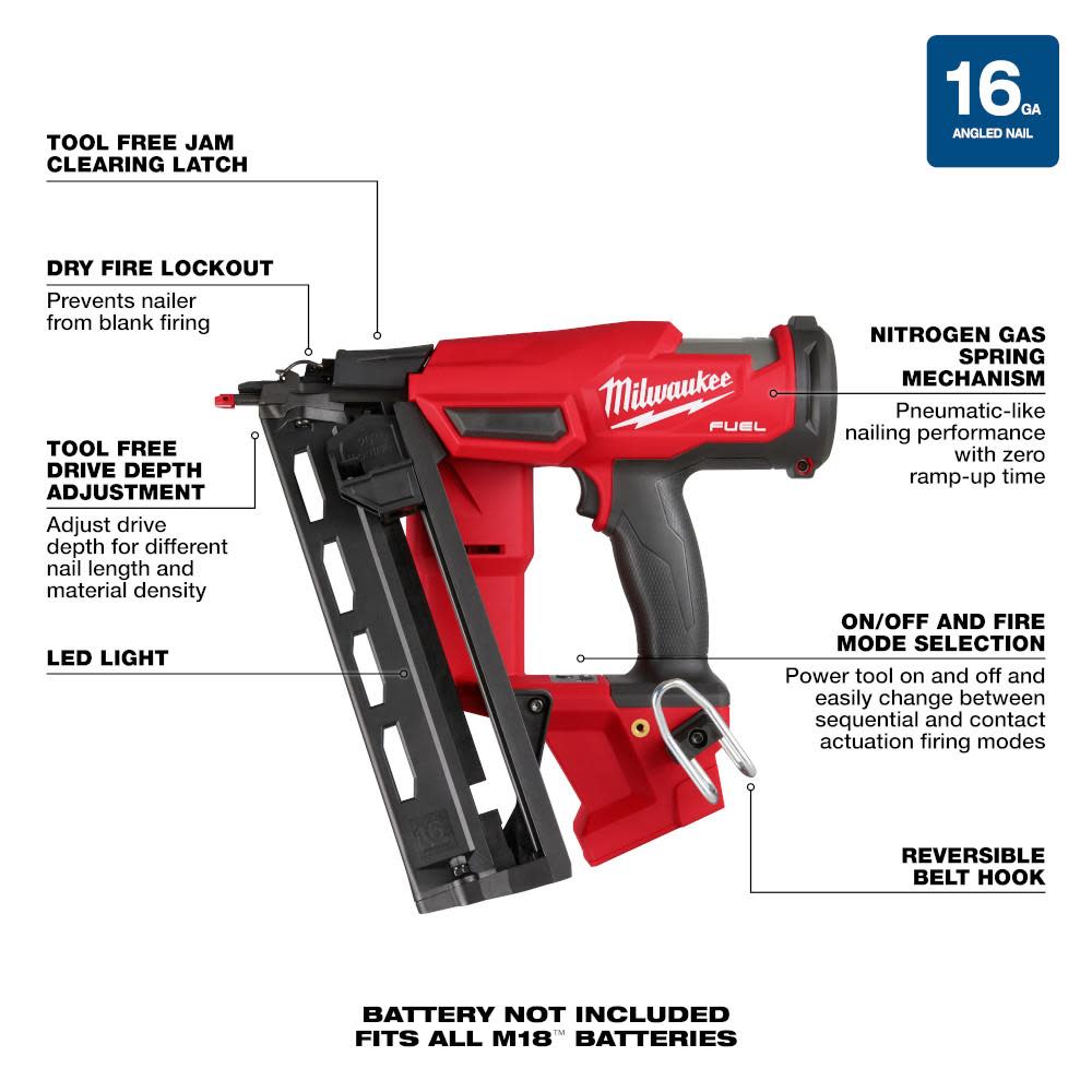 Milwaukee M18 FUEL Angled Finish Nailer 16 Gauge Reconditioned Bare Tool - Ascmtools