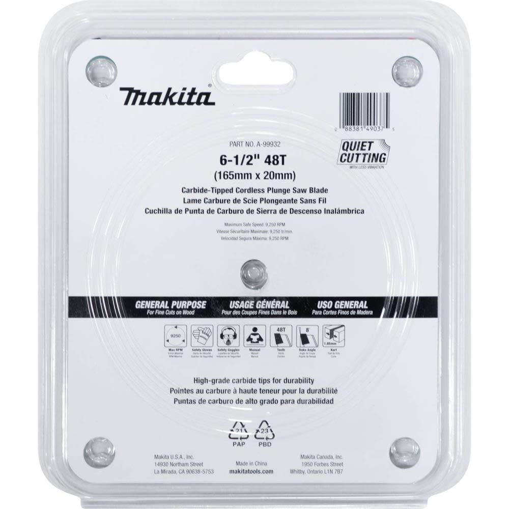 Makita 6-1/2″ 48T Carbide-Tipped Cordless Plunge Saw Blade - Ascmtools