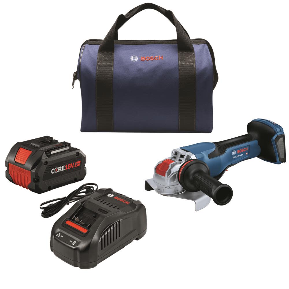 Bosch PROFACTOR 18V Spitfire 5-6″ Angle Grinder X-LOCK with Paddle Switch Kit and 1 CORE18V 8Ah PROFACTOR Performance Battery - Ascmtools