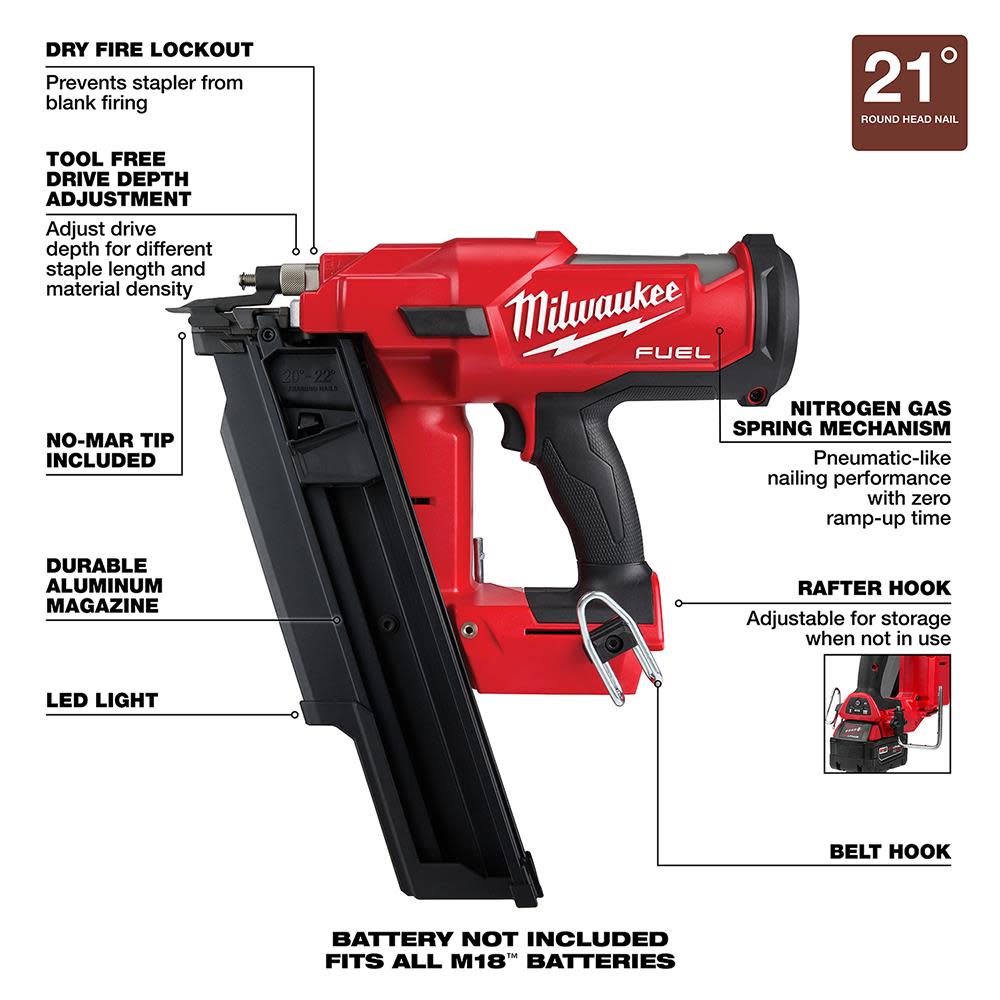Milwaukee M18 FUEL 21 Degree Framing Nailer - Ascmtools