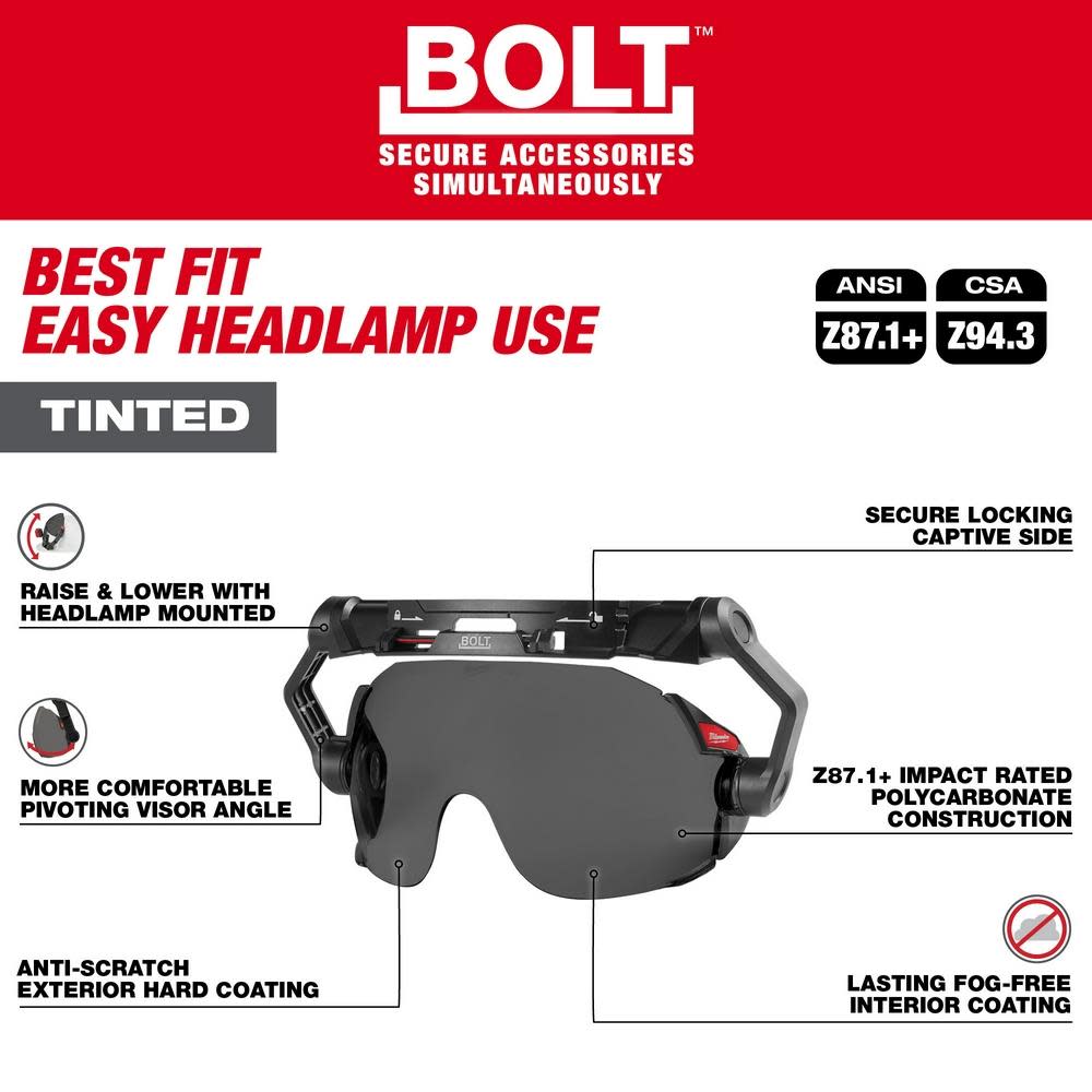Milwaukee BOLT Eye Visor Tinted Dual Coat Lens Compatible with Safety Helmets & Hard Hats - Ascmtools