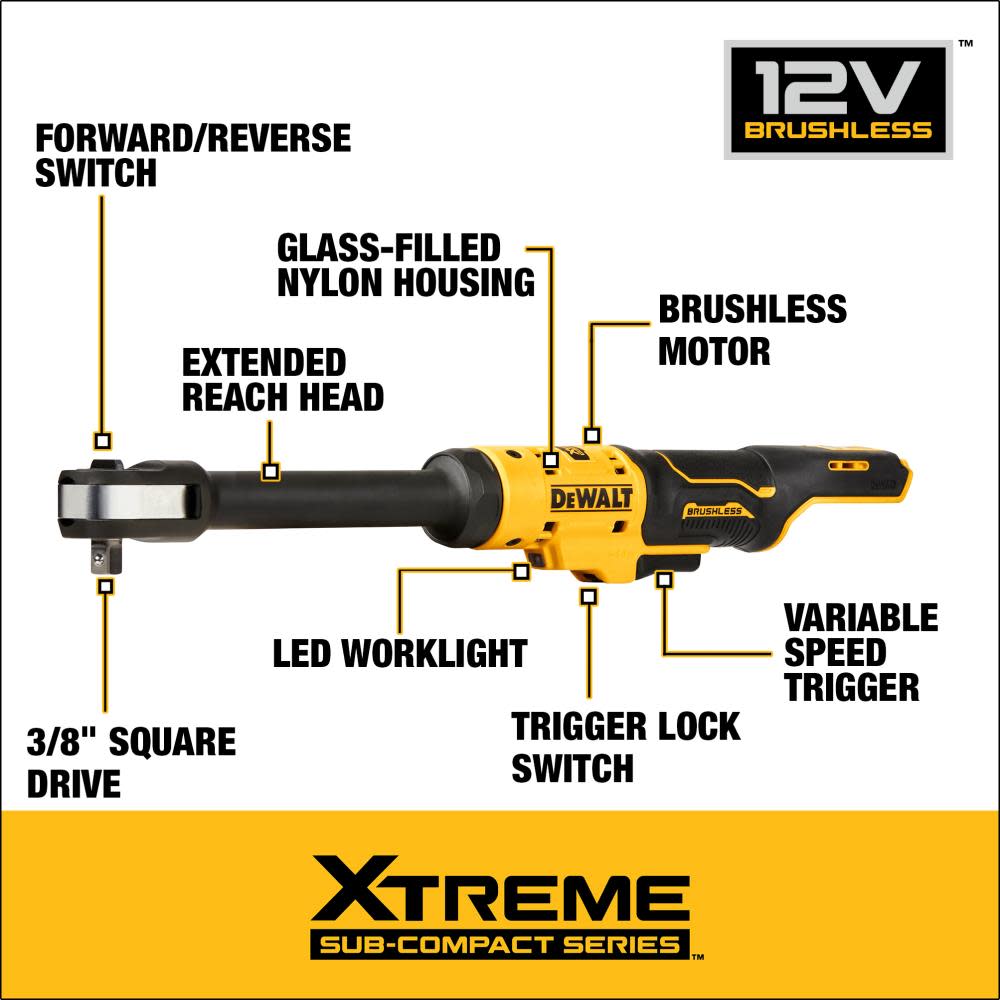 DEWALT XTREME 12V MAX* 3/8″ Extended Reach Ratchet Brushless Bare Tool - Ascmtools