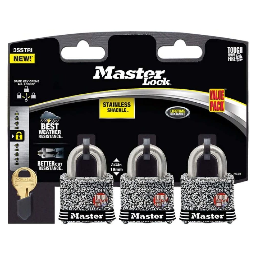Master Lock Padlock 1 9/16″ Pin Tumbler Keyed Dual Ball Bearing 3pk - Ascmtools