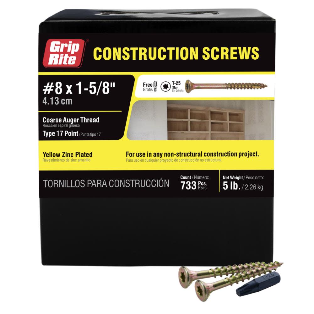 Grip Rite Screws #8 x 1.625″ Bugle-Head Yellow Zinc Type 17 Star-Drive Interior Wood 5lbs - Ascmtools