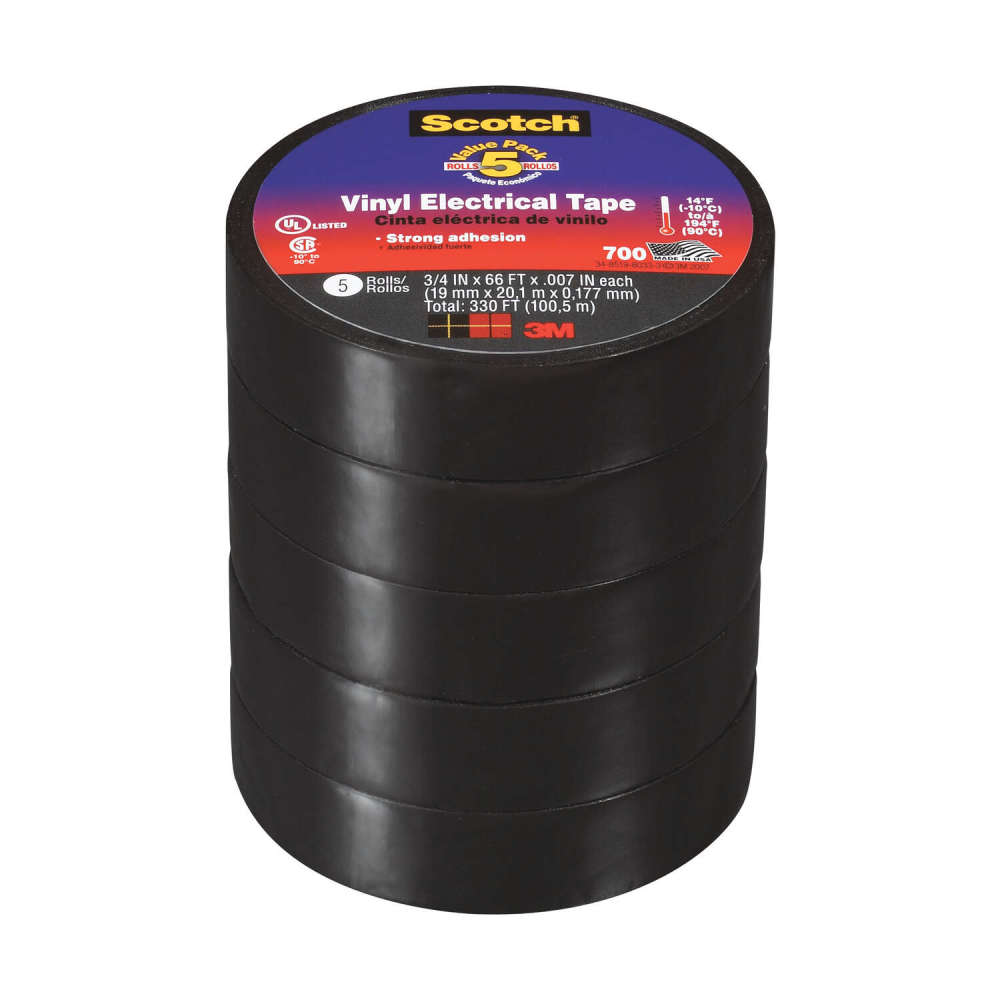 3M Scotch Electrical Tape 0.75″ x 66′ Black Vinyl 5pk - Ascmtools