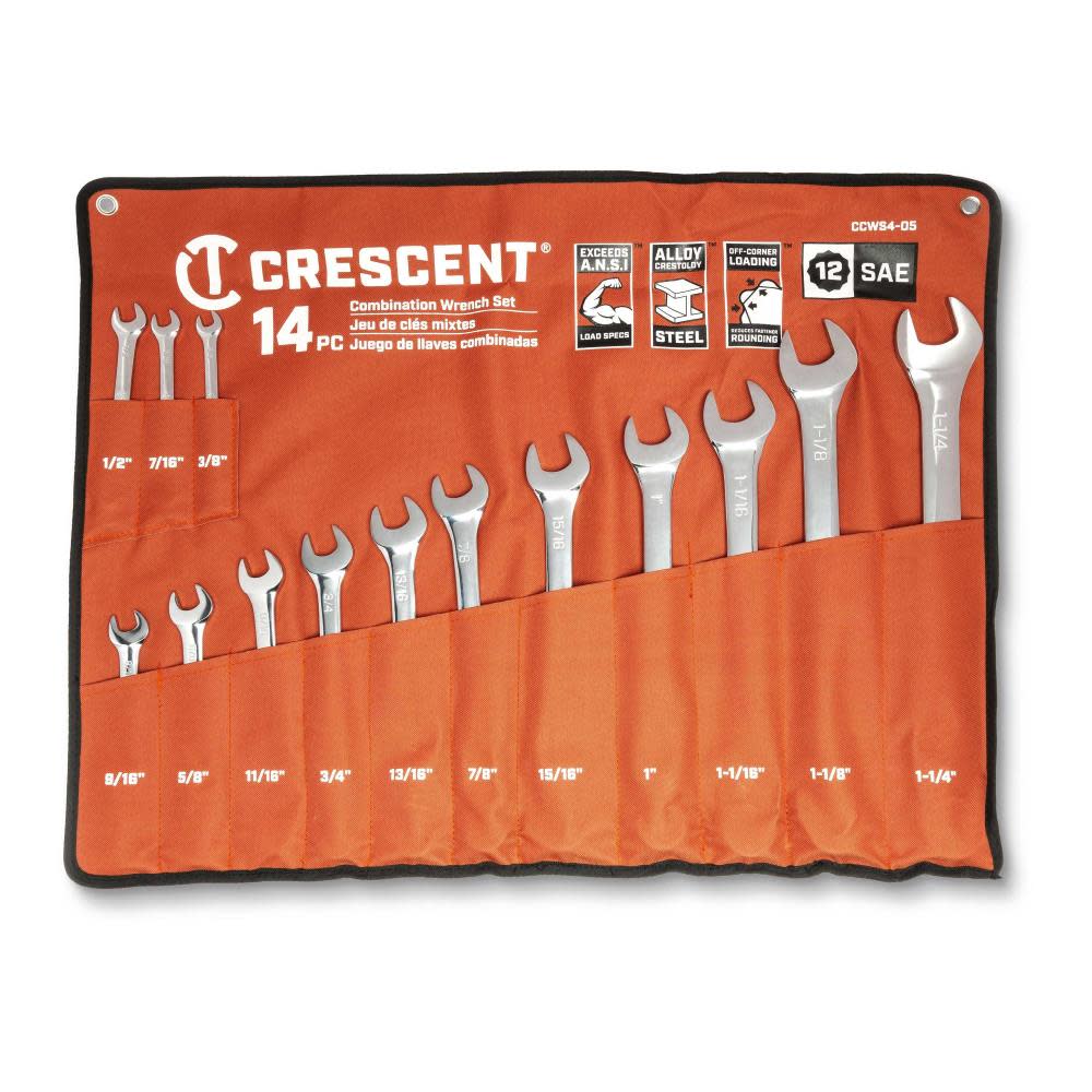 Crescent SAE Combination Wrench Set with Tool Roll 12 Point 14pc - Ascmtools