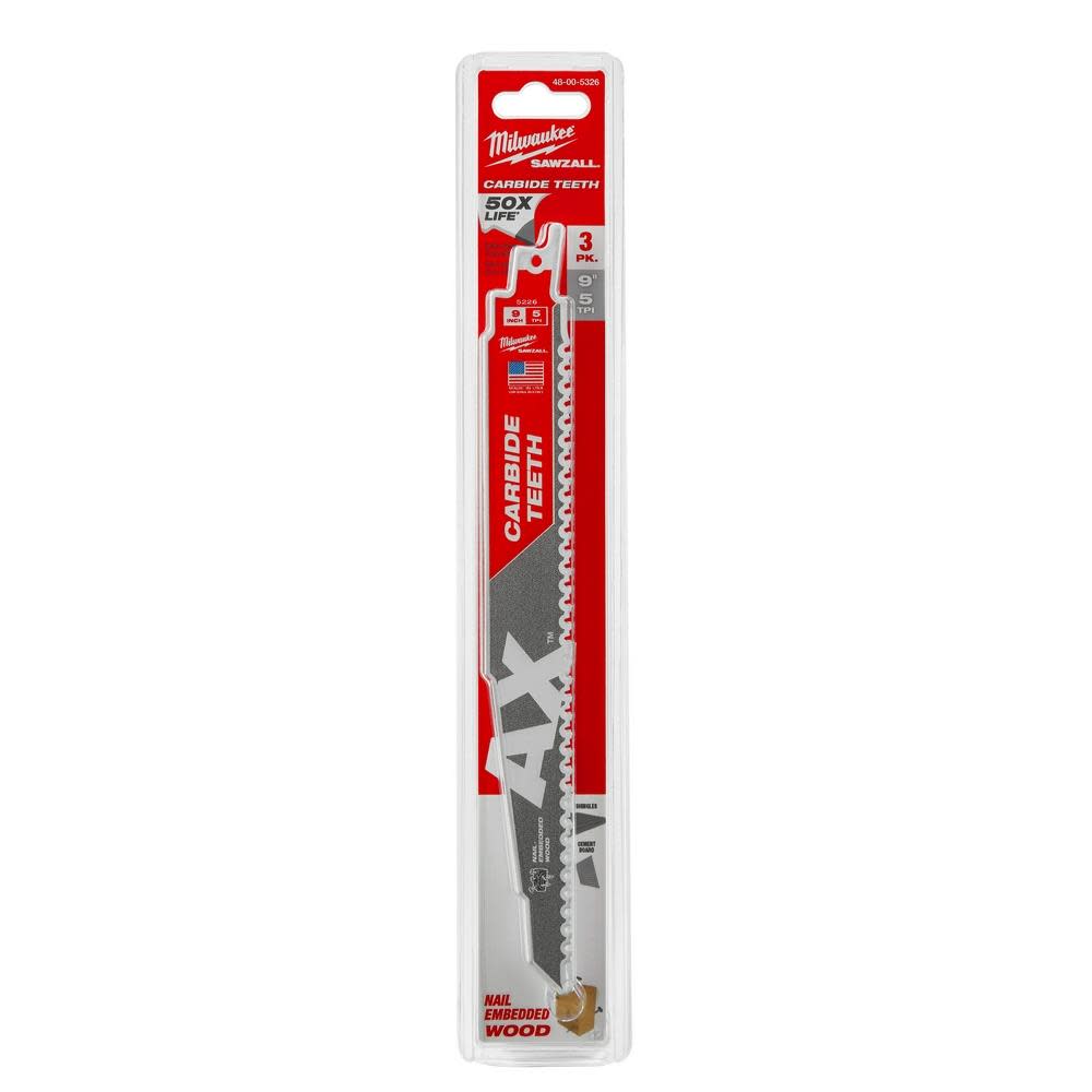 Milwaukee 9 in. 5 TPI The Ax Carbide Teeth SAWZALL Blades 3PK - Ascmtools