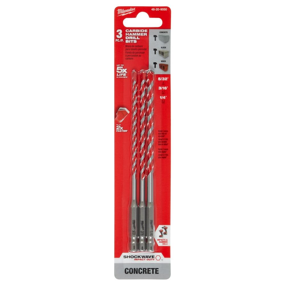 Milwaukee 3 pc SHOCKWAVE Carbide Hammer Drill Bit Kit - Ascmtools