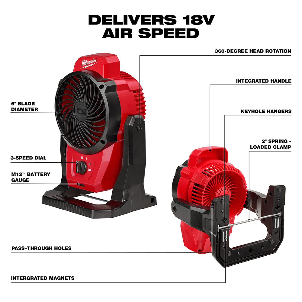 Milwaukee M12 Mounting Fan with 2.0Ah Battery & Charger Starter Kit Bundle - Ascmtools