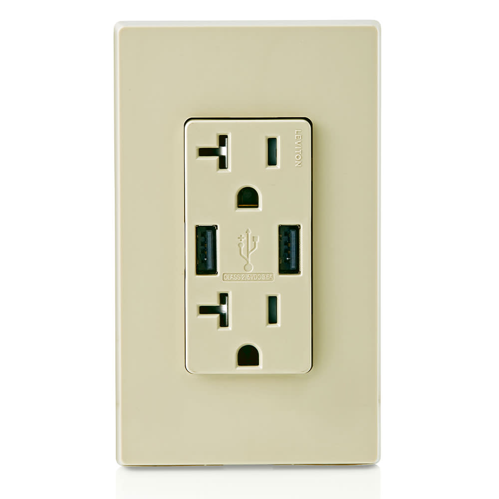 Leviton Decora 20A 125V Ivory NEMA 5-20R Outlet & USB Charger - Ascmtools