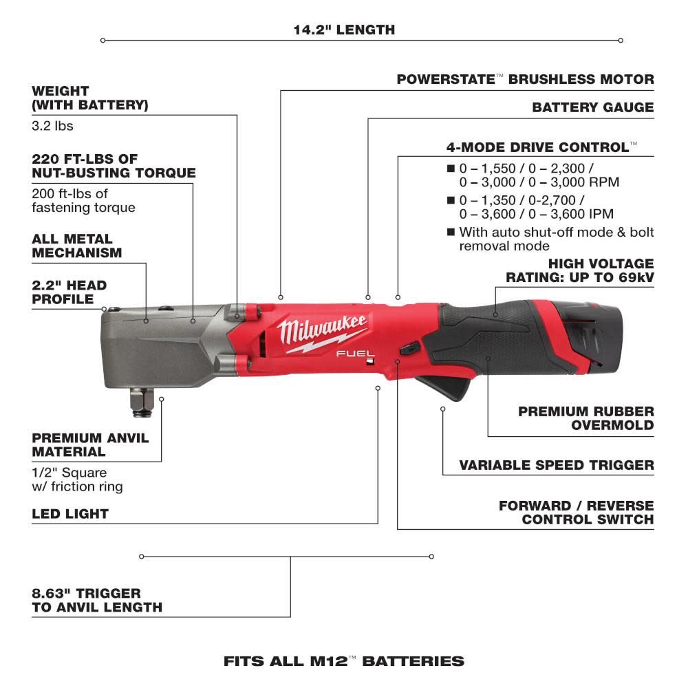 Milwaukee M12 FUEL 1/2″ Right Angle Impact Wrench Kit - Ascmtools