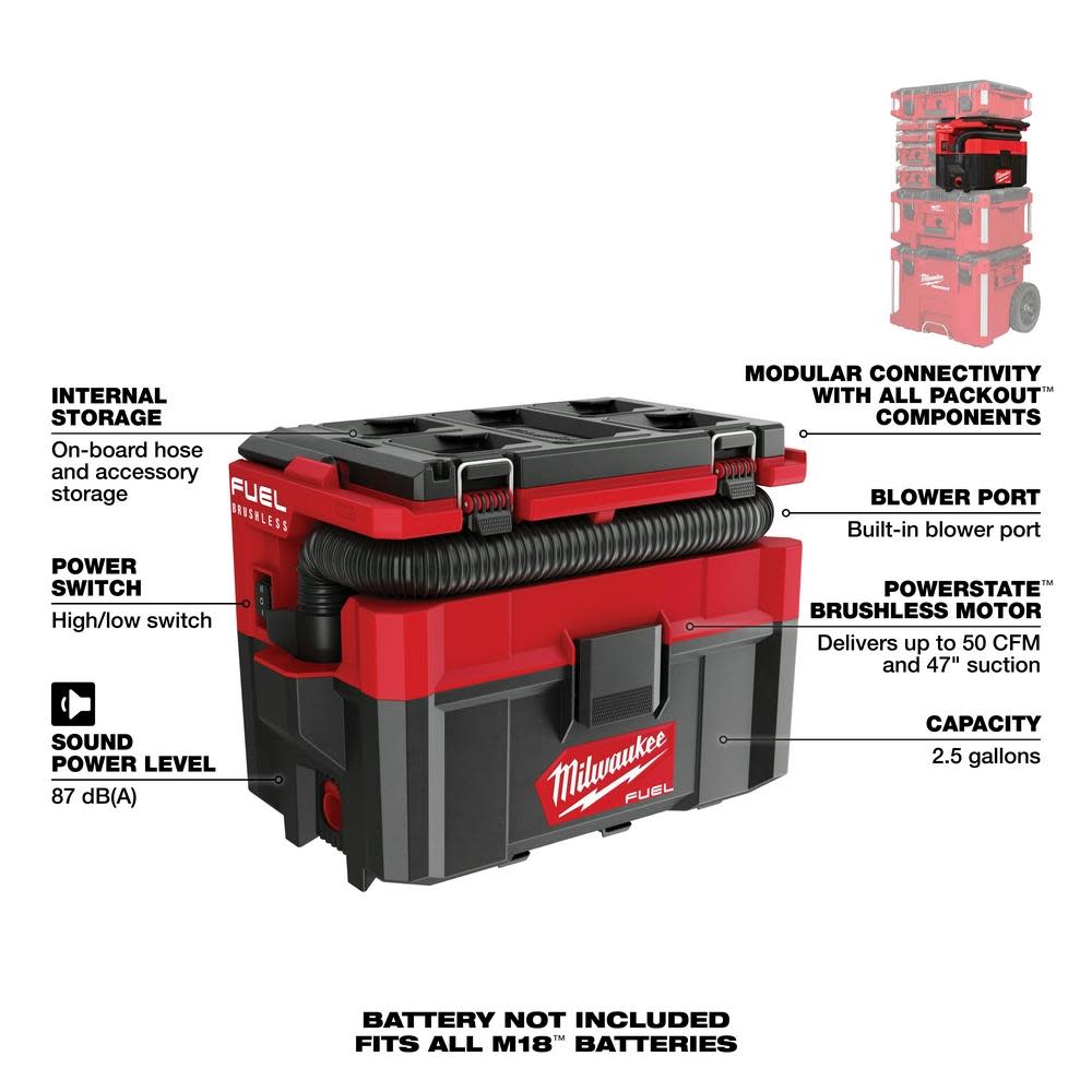 Milwaukee M18 FUEL PACKOUT 2.5 Gallon Wet/Dry Vacuum Bare Tool - Ascmtools
