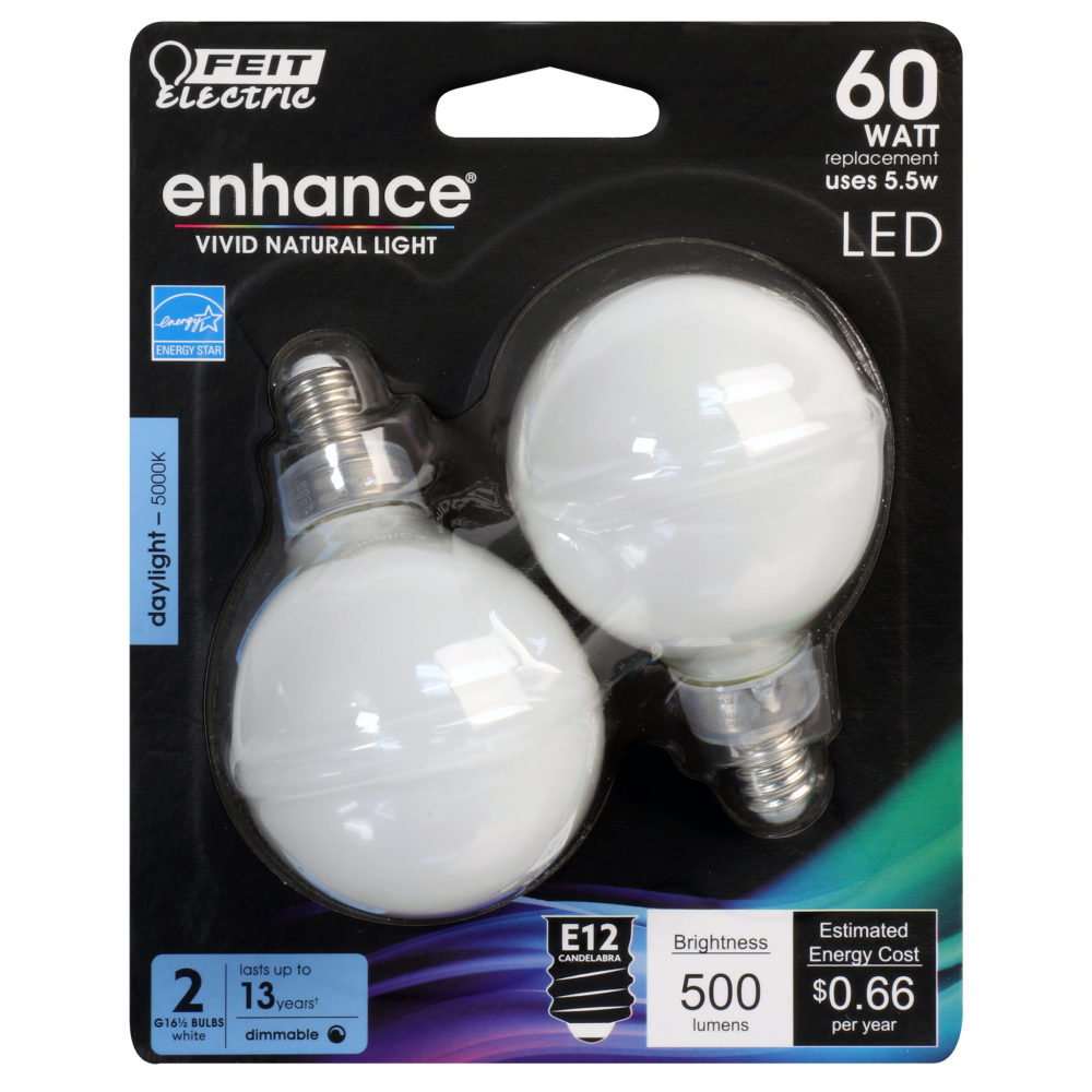Feit Electric 60W G16.5 E12 5000K Dimmable LED Bulb 2pk - Ascmtools