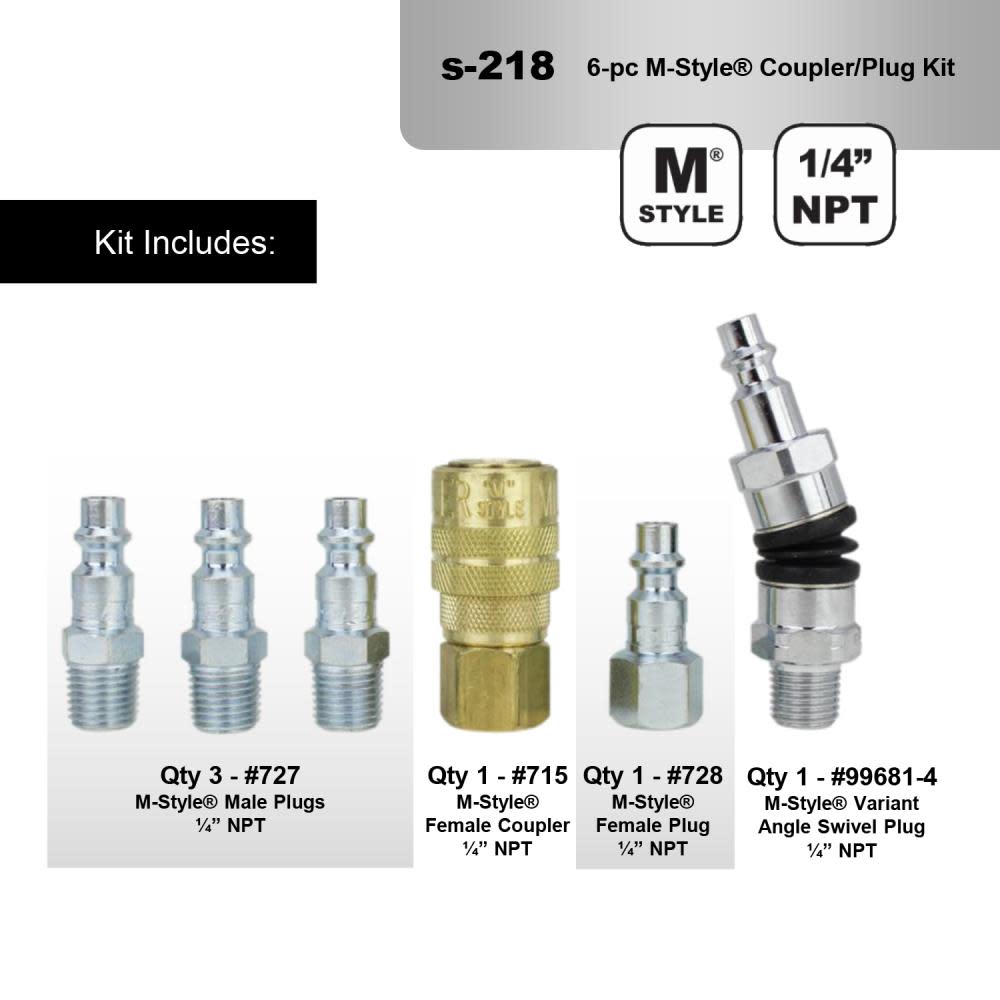 Milton S-218 1/4″ M-Style Swivel Coupler and Plug Kit – 6 Piece - Ascmtools