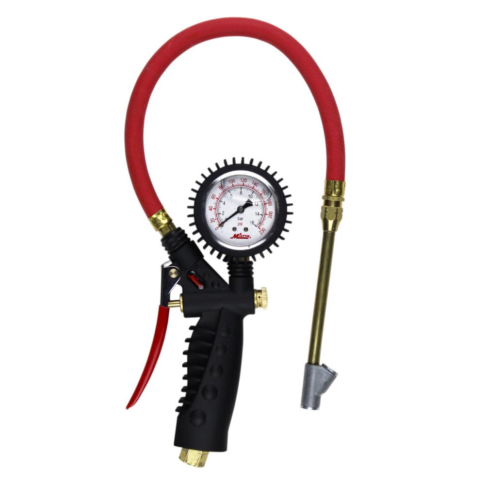 Milton S-577A Pro Analog Pistol Grip Inflator Gauge – Straight Foot Dual Chuck and 15″ Hose -230 PSI - Ascmtools