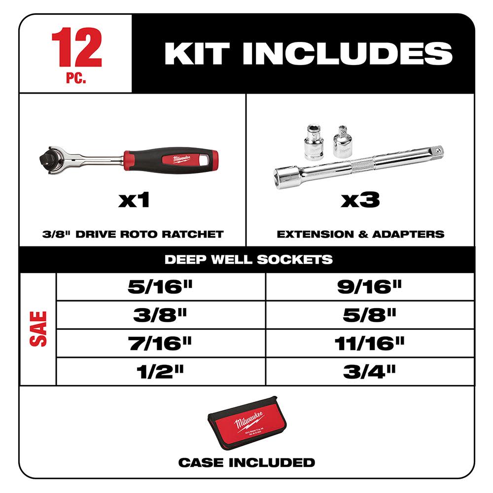 Milwaukee 12-Piece 3/8 in. Drive SAE Socket Set - Ascmtools
