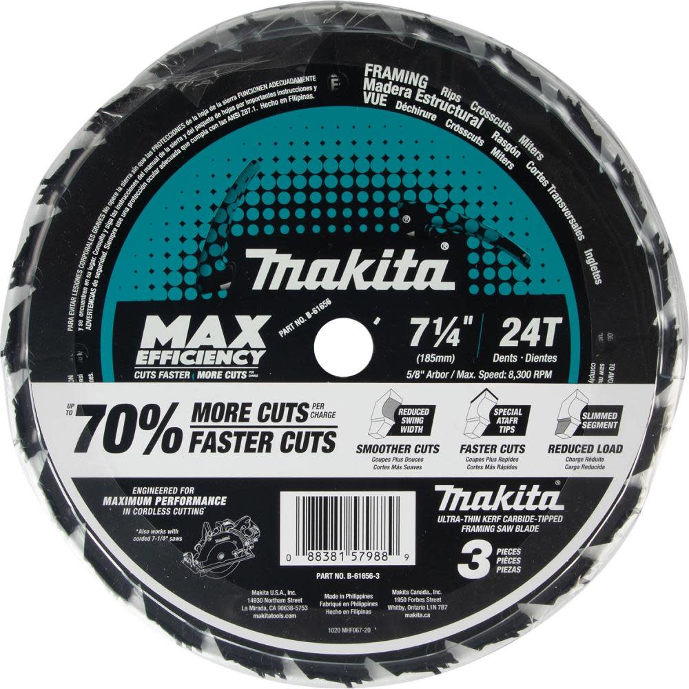 Makita Max Efficiency Circular Saw Blades 7 1/4″ 24T Carbide Tipped Framing 3pk - Ascmtools