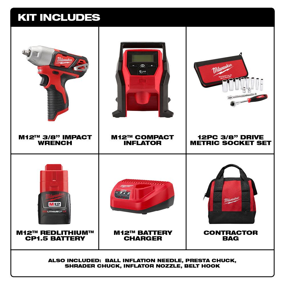 Milwaukee M12 3/8 in. Impact Wrench Kit with Inflator - Ascmtools