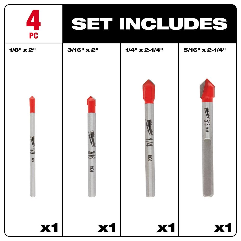 Milwaukee 4 pc Glass and Tile Bit Set - Ascmtools