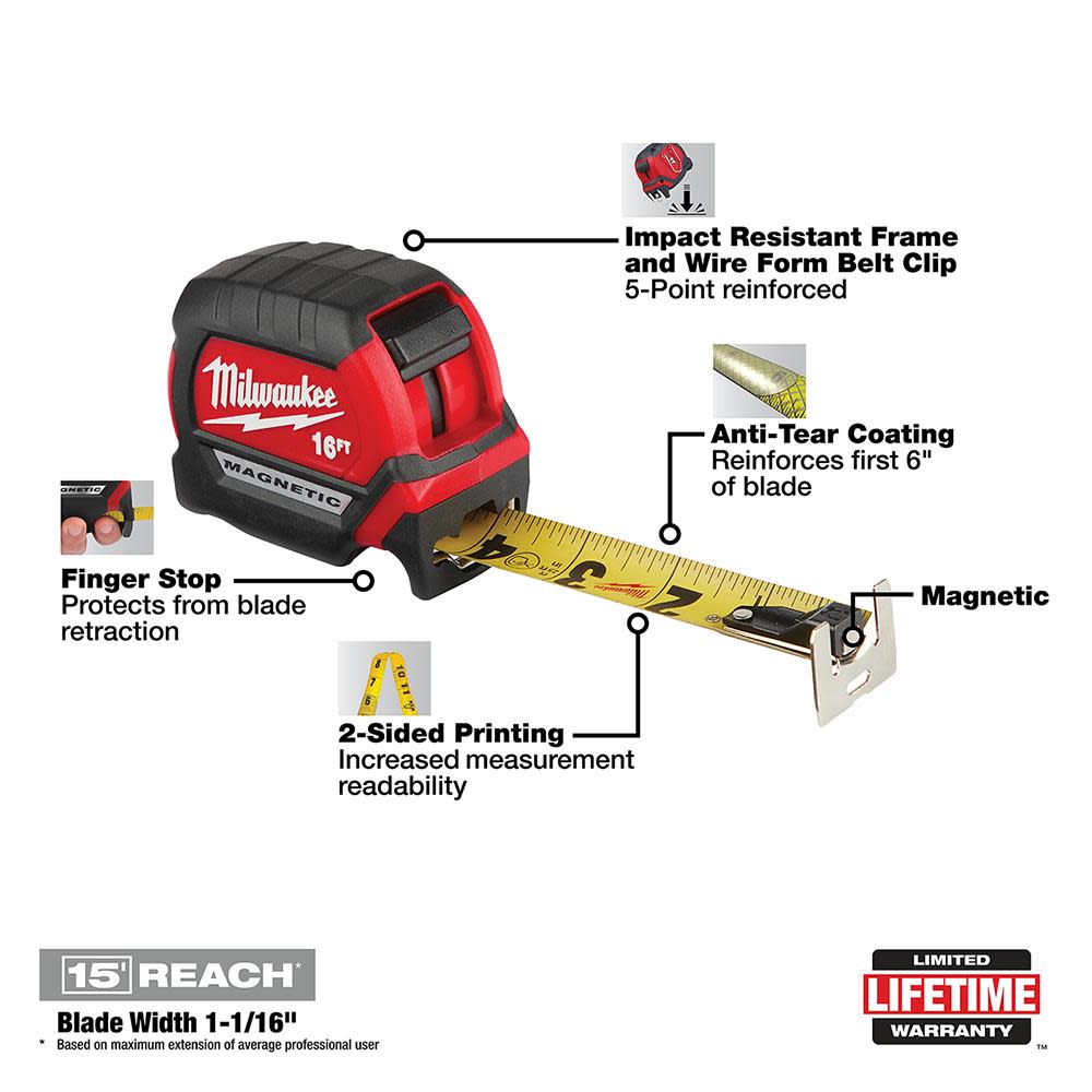 Milwaukee 16Ft Compact Magnetic Tape Measure - Ascmtools