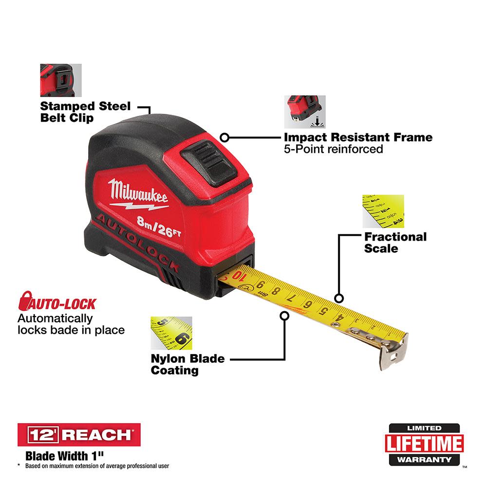 Milwaukee 8m/26′ Compact Auto Lock Tape Measure - Ascmtools