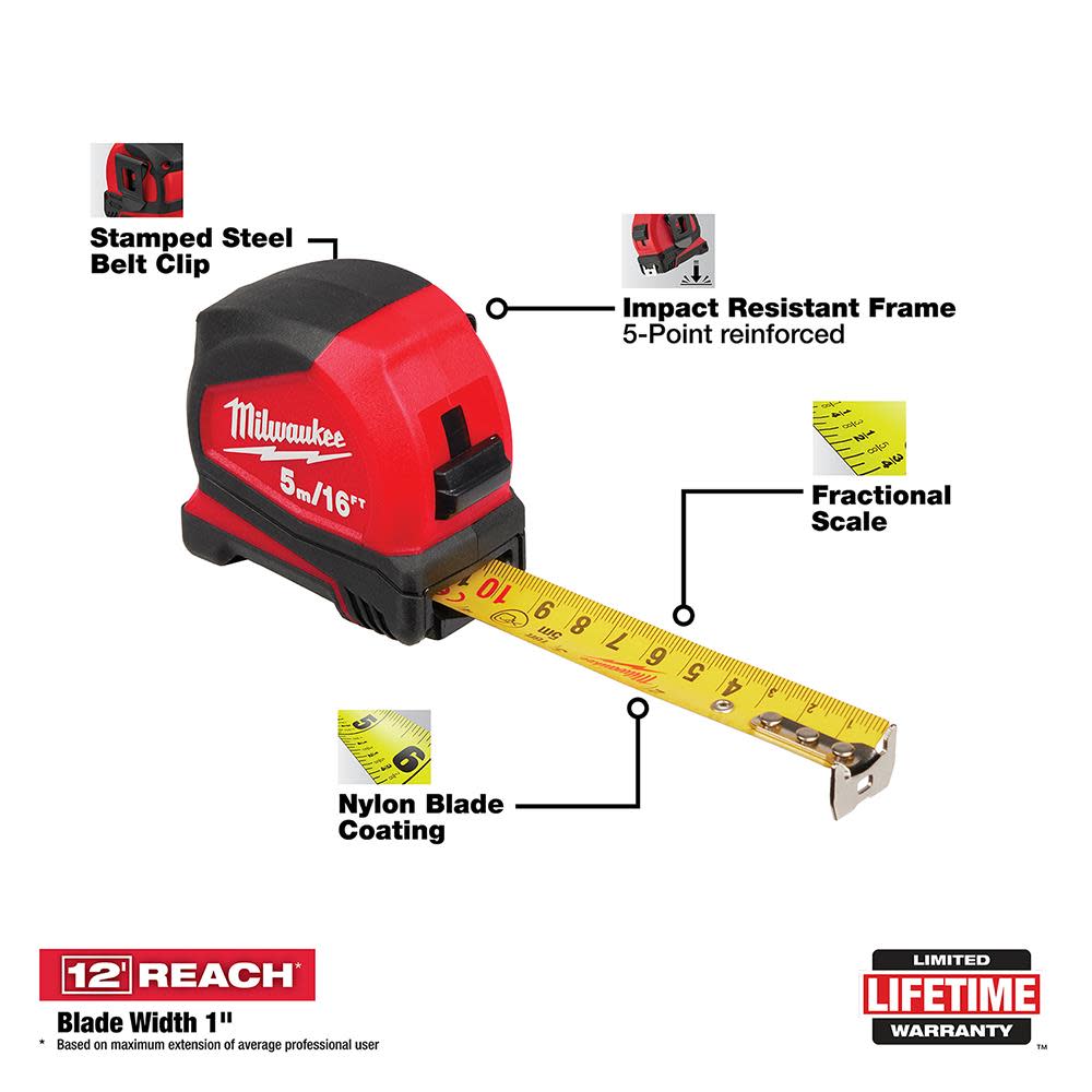 Milwaukee 5 m/16 ft. Compact Tape Measure - Ascmtools