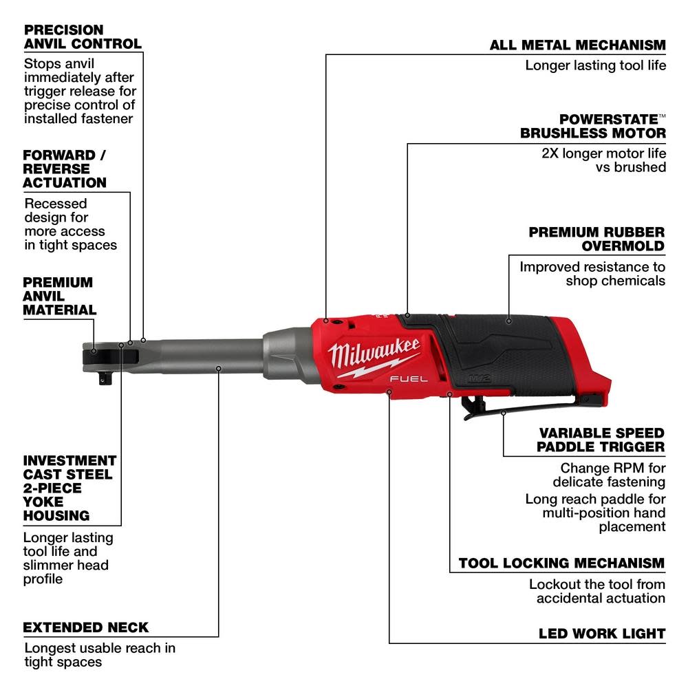 Milwaukee M12 FUEL 1/4″ Extended Reach High Speed Ratchet Bare Tool - Ascmtools