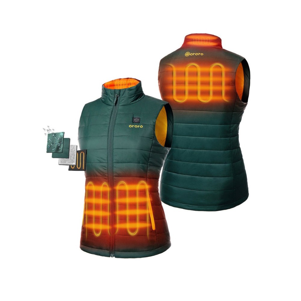 ORORO Womens Green & Gold Classic Heated Vest Kit XS - Ascmtools