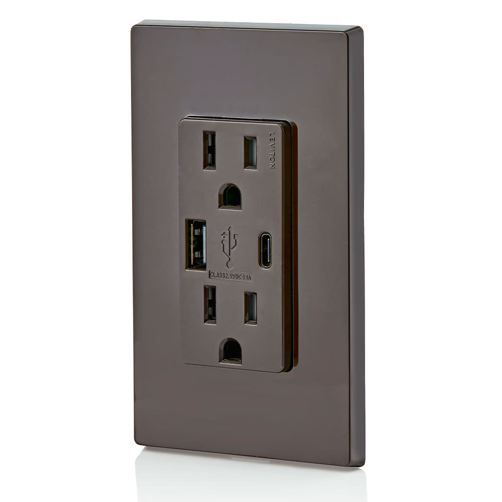 Leviton Outlet with USB Type A/C Charger 15A 125V 5-15R Brown - Ascmtools