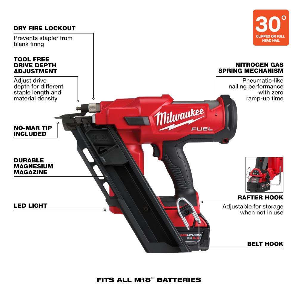 Milwaukee M18 FUEL 30 Degree Framing Nailer Kit - Ascmtools