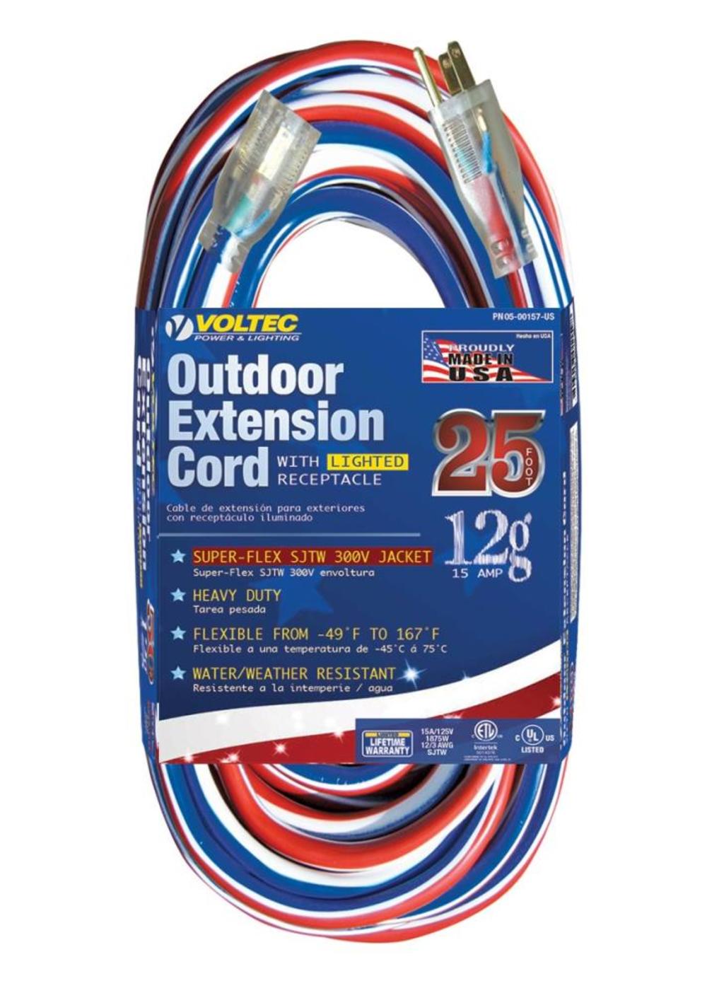 Voltec Extension Cord 25′ 12/3 SJTW Red/White/Blue with Lighted End - Ascmtools