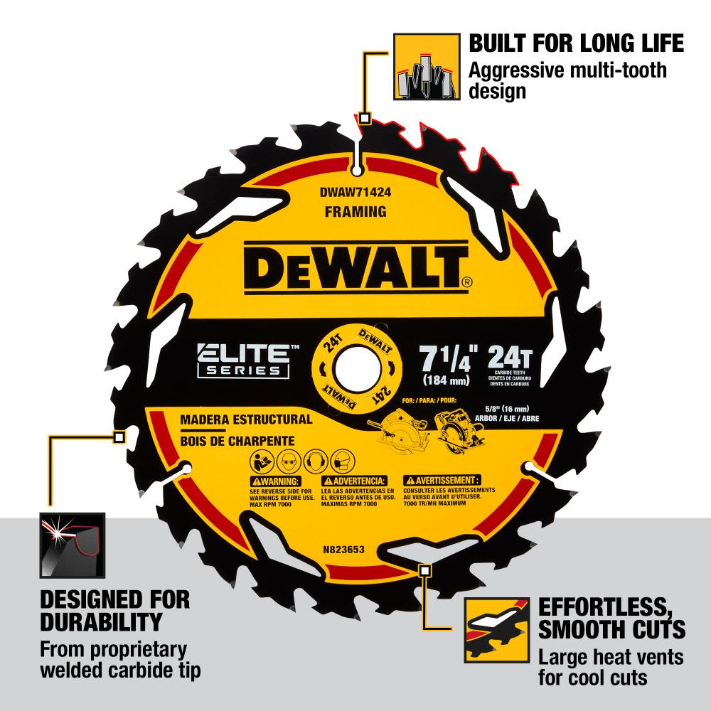 DEWALT Elite Series Circular Saw Blade 4pk Bundle with BONUS ToughSeries Tape Measure 35′ - Ascmtools