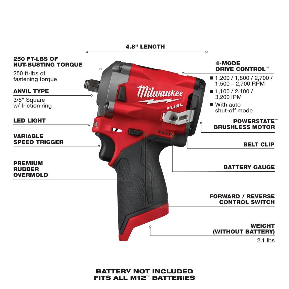 Milwaukee M12 FUEL Stubby 3/8 in. Impact Wrench - Ascmtools