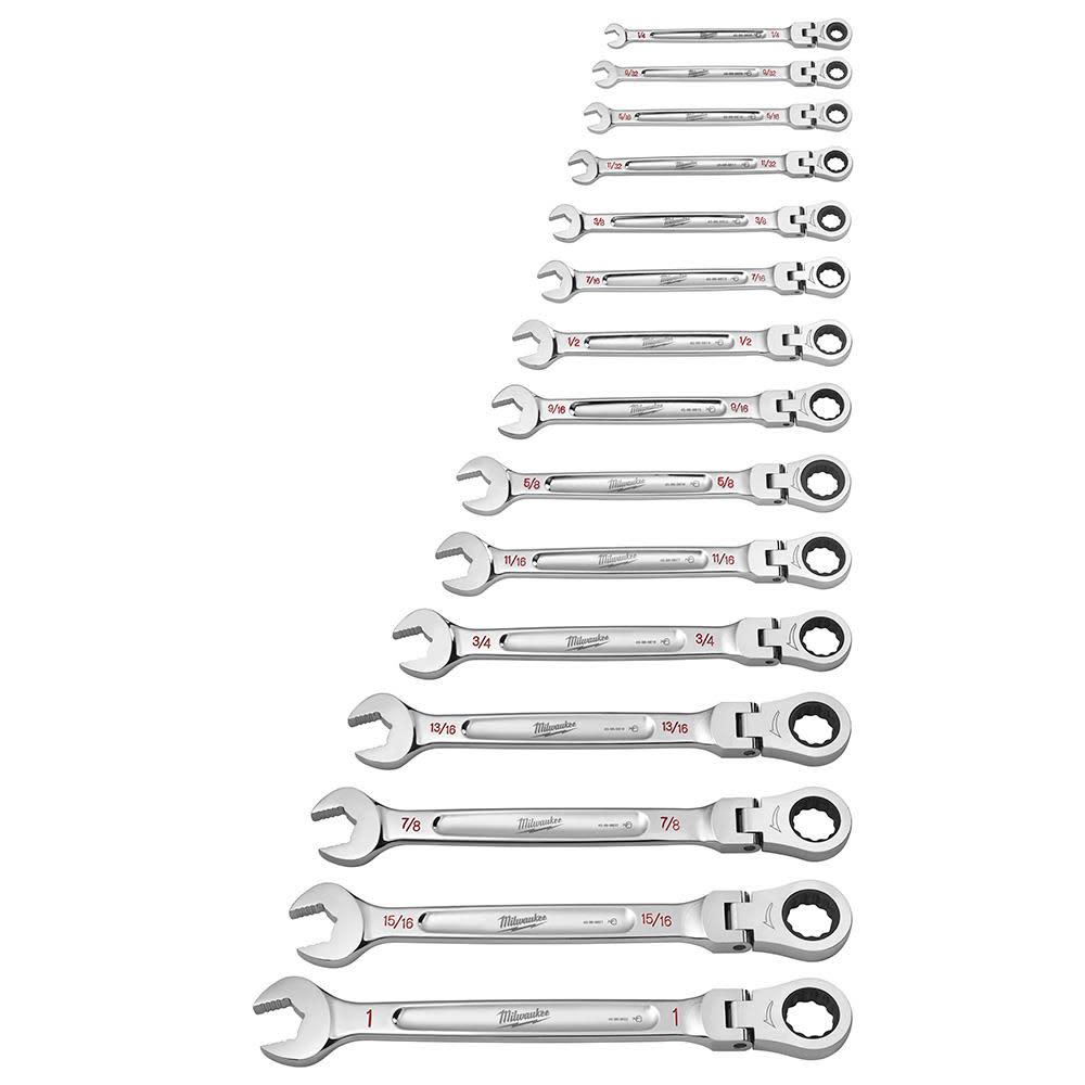 Milwaukee Combination Wrench Set SAE Flex Head Ratcheting 15pc - Ascmtools