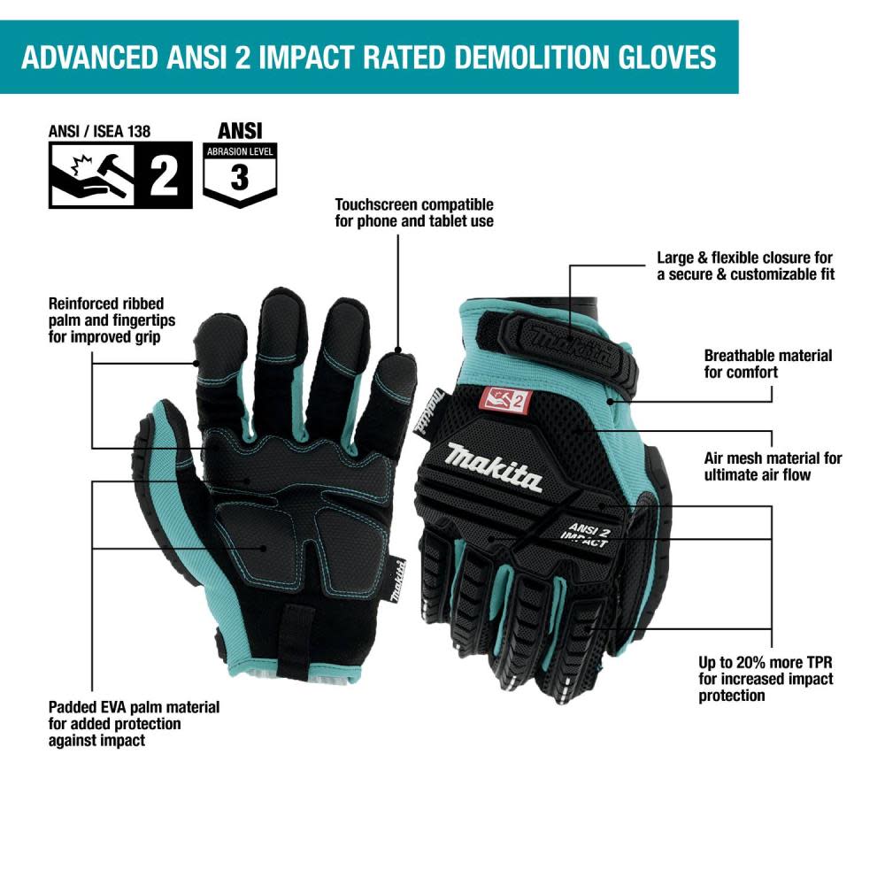 Makita Demolition Gloves Advanced ANSI 2 Impact Rated XL - Ascmtools